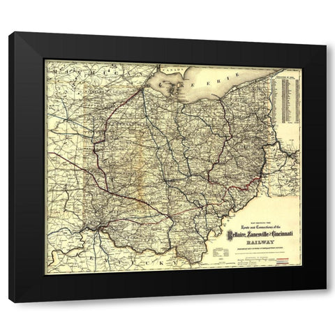Bellaire Zanesville and Cincinnati Railway 1883 Black Modern Wood Framed Art Print with Double Matting by Vintage Maps