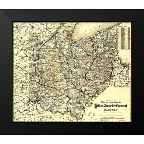 Bellaire Zanesville and Cincinnati Railway 1883 Black Modern Wood Framed Art Print by Vintage Maps