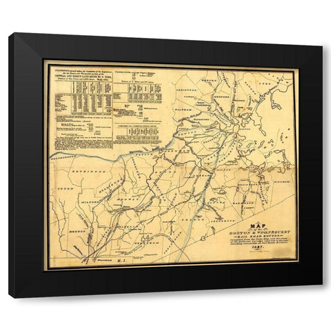 Boston and Woonsocket 1847 Black Modern Wood Framed Art Print by Vintage Maps