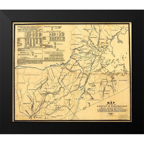 Boston and Woonsocket 1847 Black Modern Wood Framed Art Print by Vintage Maps