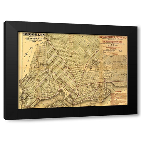 Brooklyn Street Map 1874 Black Modern Wood Framed Art Print with Double Matting by Vintage Maps
