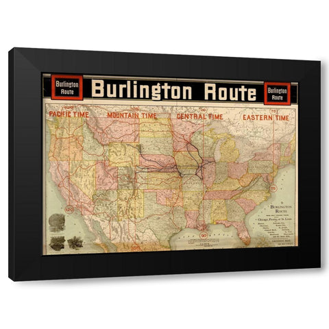 Burlington Route with Time Zones 1892 Black Modern Wood Framed Art Print with Double Matting by Vintage Maps
