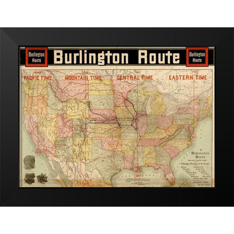 Burlington Route with Time Zones 1892 Black Modern Wood Framed Art Print by Vintage Maps
