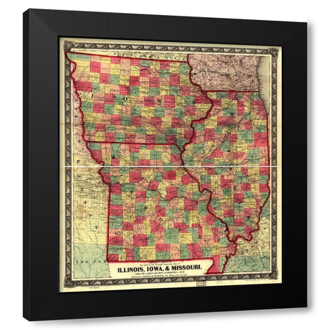 Illinois Iowa and Missouri 1857 Black Modern Wood Framed Art Print with Double Matting by Vintage Maps