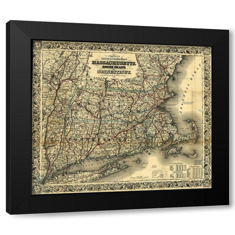 Massachusetts Rhode Island and Connecticut 1853 Black Modern Wood Framed Art Print by Vintage Maps