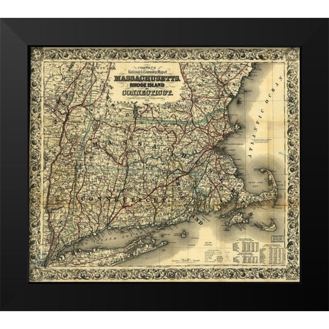Massachusetts Rhode Island and Connecticut 1853 Black Modern Wood Framed Art Print by Vintage Maps