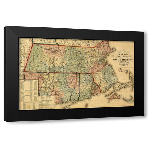Railroad and township map of Massachusetts 1879 Black Modern Wood Framed Art Print by Vintage Maps
