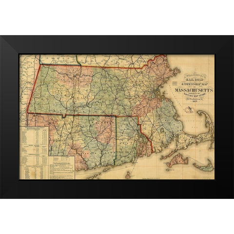 Railroad and township map of Massachusetts 1879 Black Modern Wood Framed Art Print by Vintage Maps