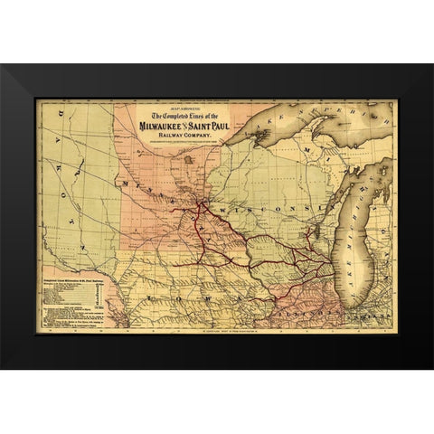 Milwaukee and Saint Paul Railway 1872 Black Modern Wood Framed Art Print by Vintage Maps