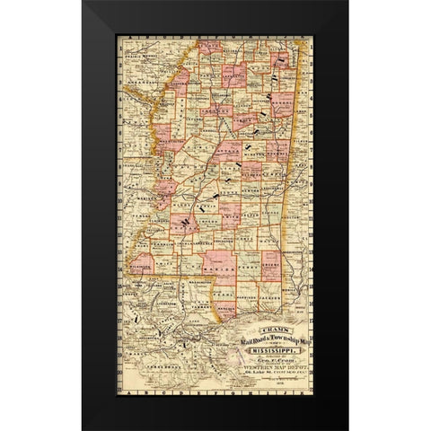 Mississippi State 1878 Black Modern Wood Framed Art Print by Vintage Maps