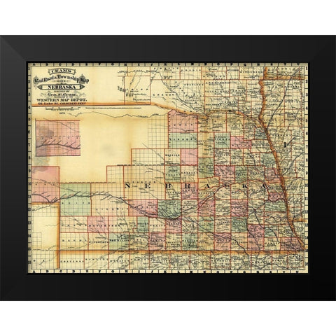 Nebraska 1878 Black Modern Wood Framed Art Print by Vintage Maps