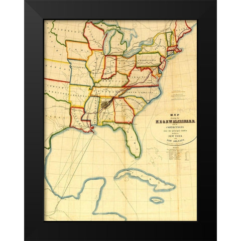 NE and SW Alabama Railroad 1850 Black Modern Wood Framed Art Print by Vintage Maps