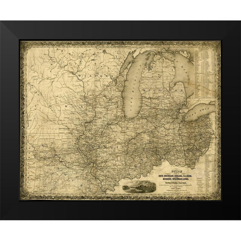 Ohio Michigan Indiana Illinois Missouri Wisconsin and Iowa 1840 Black Modern Wood Framed Art Print by Vintage Maps