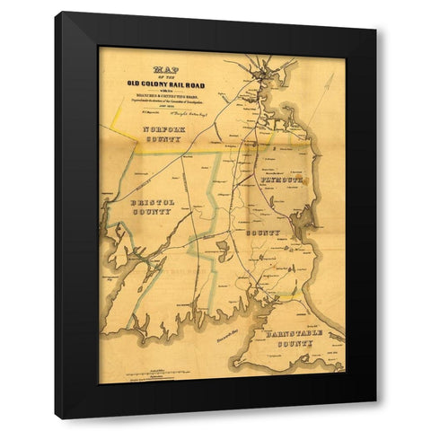 Old Colony Rail Road 1850 Black Modern Wood Framed Art Print with Double Matting by Vintage Maps