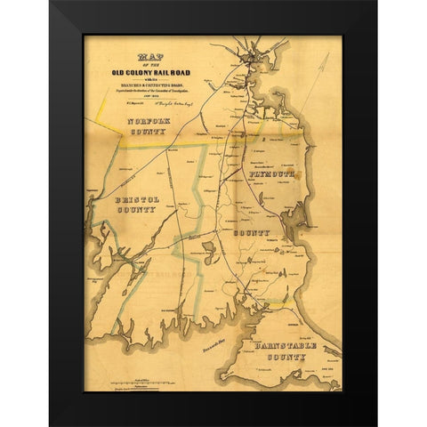 Old Colony Rail Road 1850 Black Modern Wood Framed Art Print by Vintage Maps