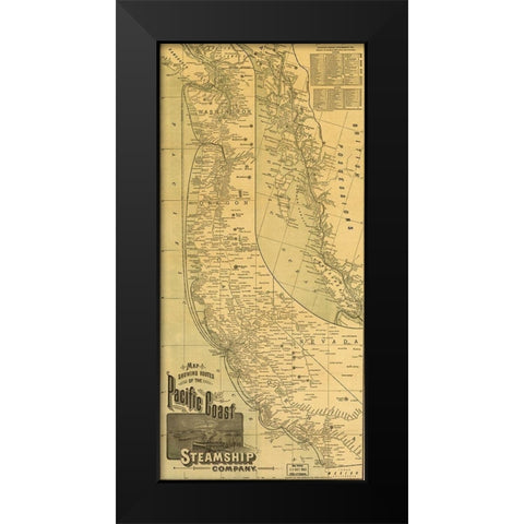 Pacific Coast Steamship Company 1891 Black Modern Wood Framed Art Print by Vintage Maps