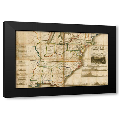 Railroads and canals finished unfinished and in contemplation in the United States 1834 Black Modern Wood Framed Art Print by Vintage Maps