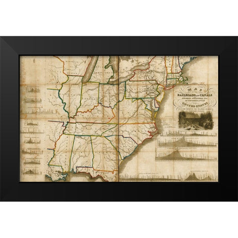 Railroads and canals finished unfinished and in contemplation in the United States 1834 Black Modern Wood Framed Art Print by Vintage Maps