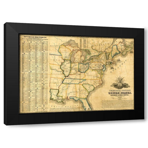 Telegraph stations in the United States Canada and Nova Scotia 1853 Black Modern Wood Framed Art Print with Double Matting by Vintage Maps