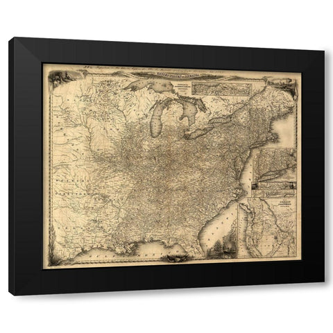 Travelers Map of the United States 1846 Black Modern Wood Framed Art Print by Vintage Maps