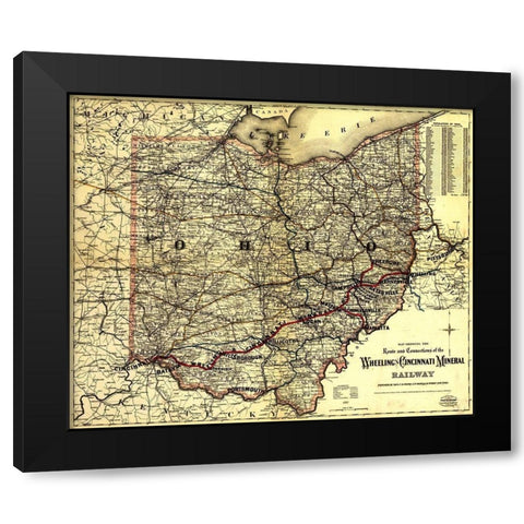 Wheeling and Cincinnati Mineral Railway 1882 Black Modern Wood Framed Art Print with Double Matting by Vintage Maps