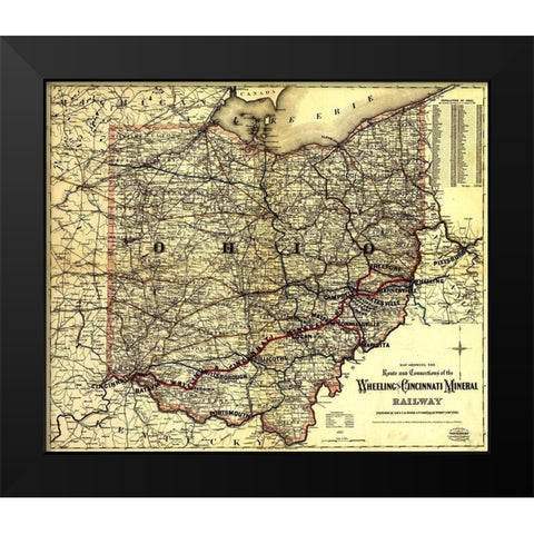 Wheeling and Cincinnati Mineral Railway 1882 Black Modern Wood Framed Art Print by Vintage Maps