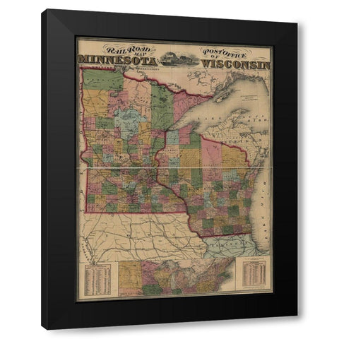 Railroad and post office map of Minnesota and Wisconsin 1871 Black Modern Wood Framed Art Print with Double Matting by Vintage Maps