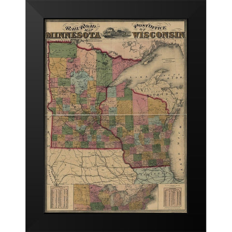 Railroad and post office map of Minnesota and Wisconsin 1871 Black Modern Wood Framed Art Print by Vintage Maps