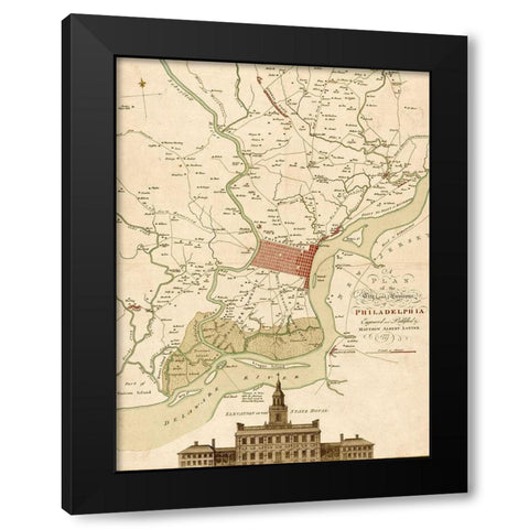 Plan of Philadelphia and its environs 1777 Black Modern Wood Framed Art Print with Double Matting by Vintage Maps