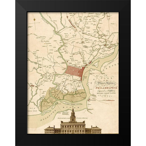 Plan of Philadelphia and its environs 1777 Black Modern Wood Framed Art Print by Vintage Maps