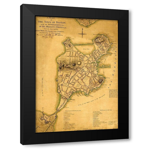 Plan of the town of Boston with British entrenchments 1775  Black Modern Wood Framed Art Print by Vintage Maps