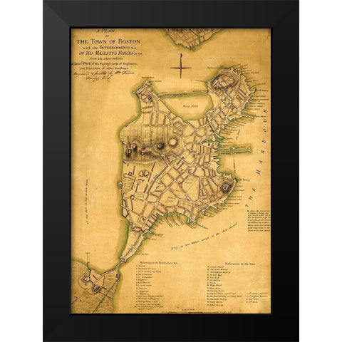 Plan of the town of Boston with British entrenchments 1775  Black Modern Wood Framed Art Print by Vintage Maps