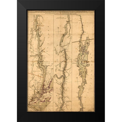 Topographical Map of the Hudson River 1776 Black Modern Wood Framed Art Print by Vintage Maps