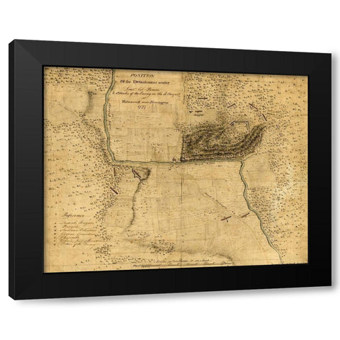 Walmscock near Bennington showing the attacks of the enemy on the 16th August 1777 Black Modern Wood Framed Art Print with Double Matting by Vintage Maps