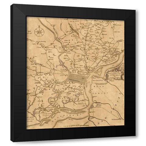 Philadelphia 1777 Black Modern Wood Framed Art Print with Double Matting by Vintage Maps