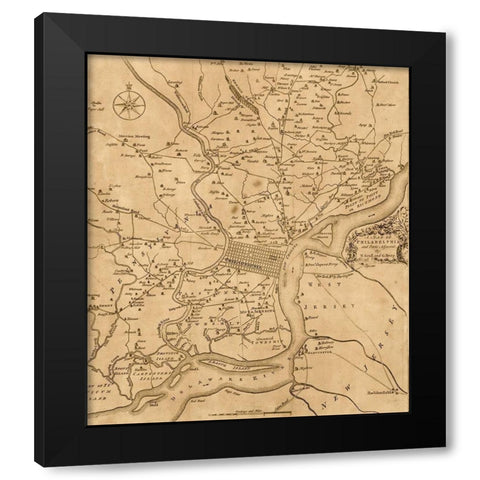 Philadelphia 1777 Black Modern Wood Framed Art Print by Vintage Maps