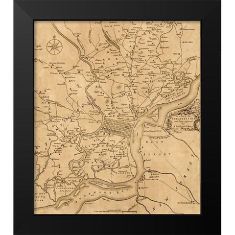 Philadelphia 1777 Black Modern Wood Framed Art Print by Vintage Maps