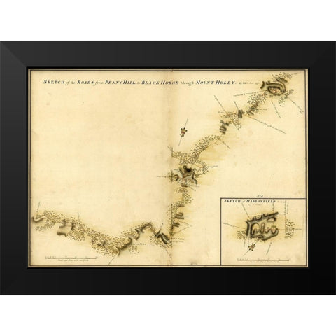 Haddonfield Mount Holly from Pennyhill to the Black Horse Pike 1778 Black Modern Wood Framed Art Print by Vintage Maps