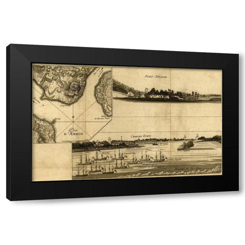 Charleston Harbor assault on Fort Sulivan during the siege of Charleston 1780  Black Modern Wood Framed Art Print with Double Matting by Vintage Maps