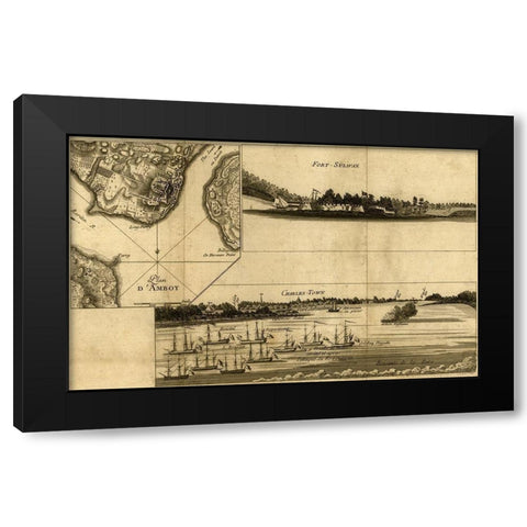 Charleston Harbor assault on Fort Sulivan during the siege of Charleston 1780  Black Modern Wood Framed Art Print by Vintage Maps