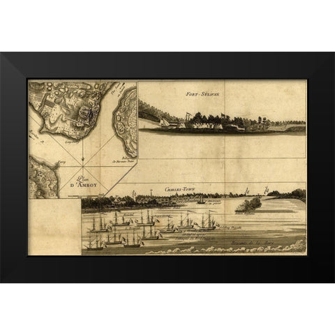 Charleston Harbor assault on Fort Sulivan during the siege of Charleston 1780  Black Modern Wood Framed Art Print by Vintage Maps