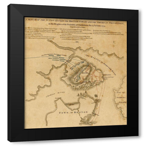 Battle at Charlestown Peninsula 1775 Black Modern Wood Framed Art Print by Vintage Maps