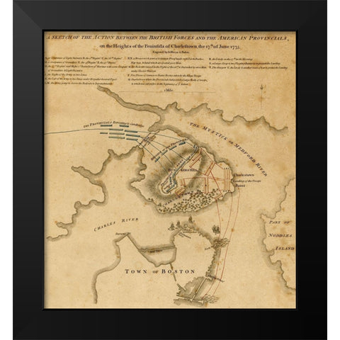 Battle at Charlestown Peninsula 1775 Black Modern Wood Framed Art Print by Vintage Maps