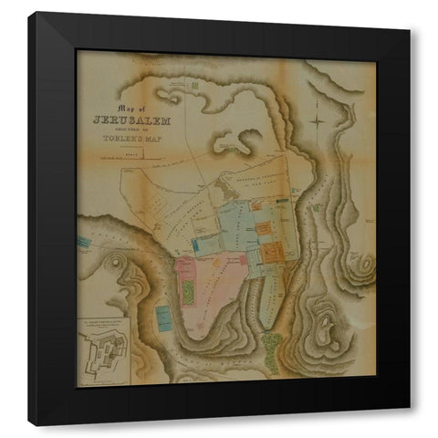 Semi Antique Map of Jerusalem Black Modern Wood Framed Art Print with Double Matting by Vintage Maps