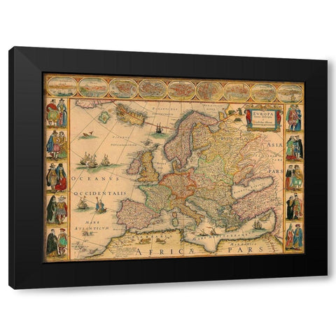 Map of Europe Black Modern Wood Framed Art Print by Vintage Maps