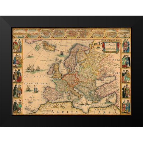 Map of Europe Black Modern Wood Framed Art Print by Vintage Maps