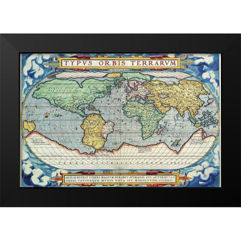 Typus Orbis Terrarum from the Theatre of the World in Apian Projection Black Modern Wood Framed Art Print by Ortelius, Abraham