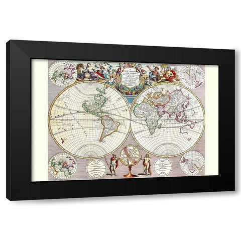 World Map with Figural Representations of the Worlds Peoples Black Modern Wood Framed Art Print with Double Matting by Seney, John