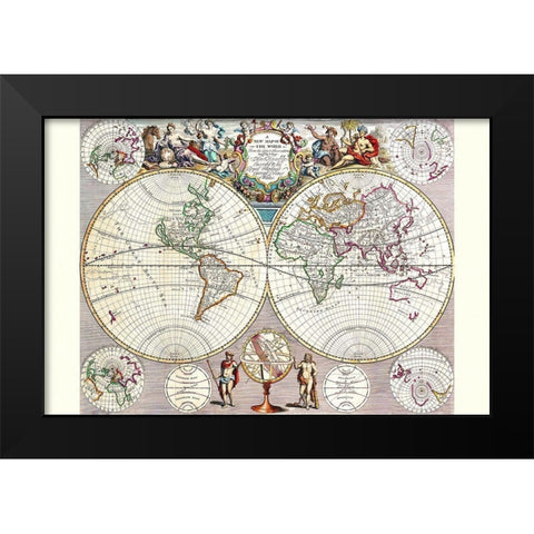 World Map with Figural Representations of the Worlds Peoples Black Modern Wood Framed Art Print by Seney, John