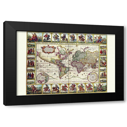 World Map of lands and waterways Black Modern Wood Framed Art Print by Visscher, Nicolas